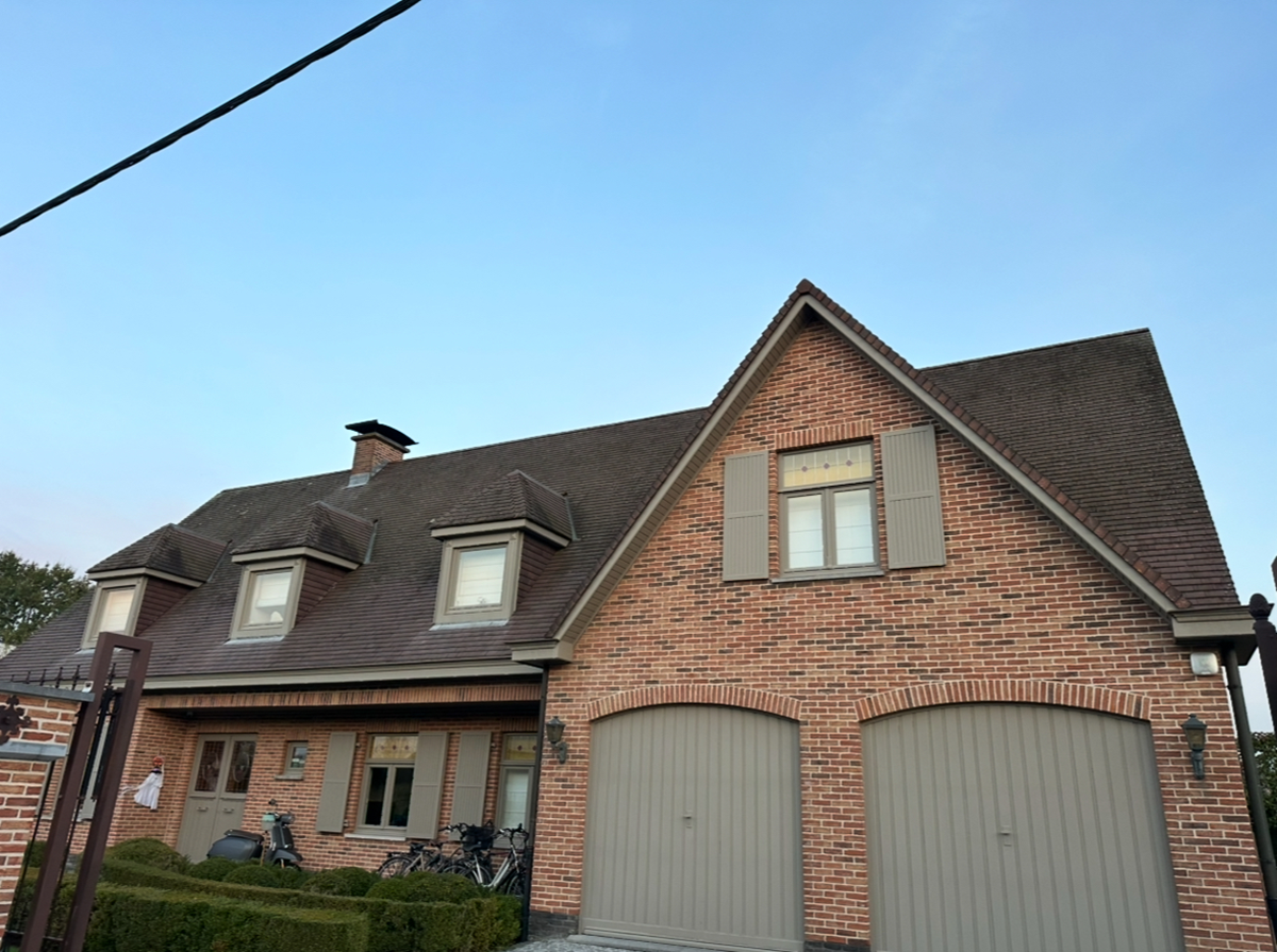 Dak met mos, algen en vuil bedekking voor reiniging door Meneerke Proper in Waasland